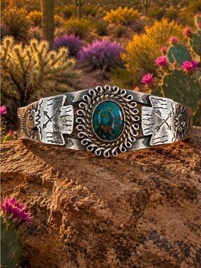 Native American Fred Harvey Sterling Silver Turquoise Thunderbird Cuff Bracelet